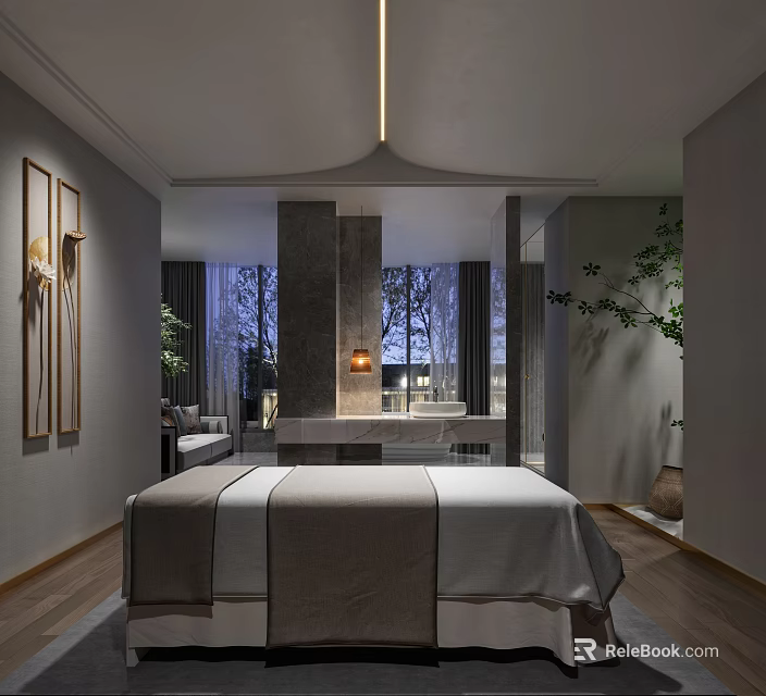 Elegant SPA Sauna Room Interior With Massage Bed Marble Decor Soft Lighting And Green Plants 3d model 
