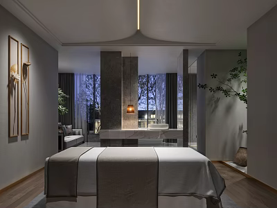 Elegant SPA Sauna Room Interior With Massage Bed Marble Decor Soft Lighting And Green Plants 3d model
