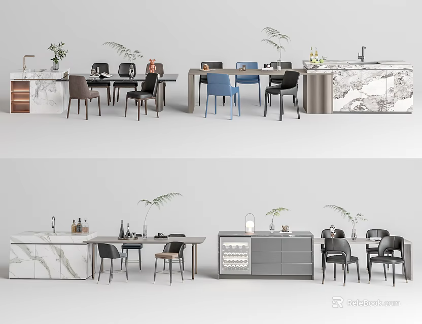 Dining Table Set With Marble Top Different Colored Chairs Sideboard And Plants 3d model