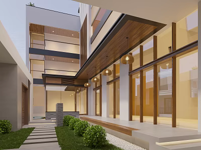 Modern Garden Landscape With Courtyard Stone Path Green Shrubs Glass Doors And Wooden Ceiling 3d model
