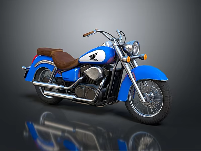 Blue Classic Motorcycle With Brown Seat Chrome Handlebars And Headlight 3d model