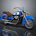 Blue Classic Motorcycle With Brown Seat Chrome Handlebars And Headlight