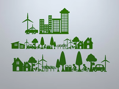 Green Silhouettes of Wind Turbines Tall Buildings Houses Trees and Bicycles for Sustainable City 3d model
