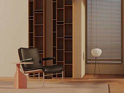Black Lounge Chair With Pink Side Table Wooden Bookshelf Blinds And White Floor Lamp 3d model