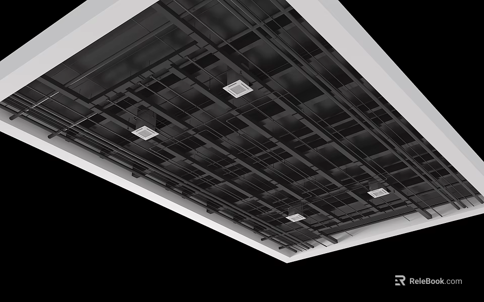 Modern Suspended Ceiling With Grid Framework Metal Rails And Recessed Lights 3d model 