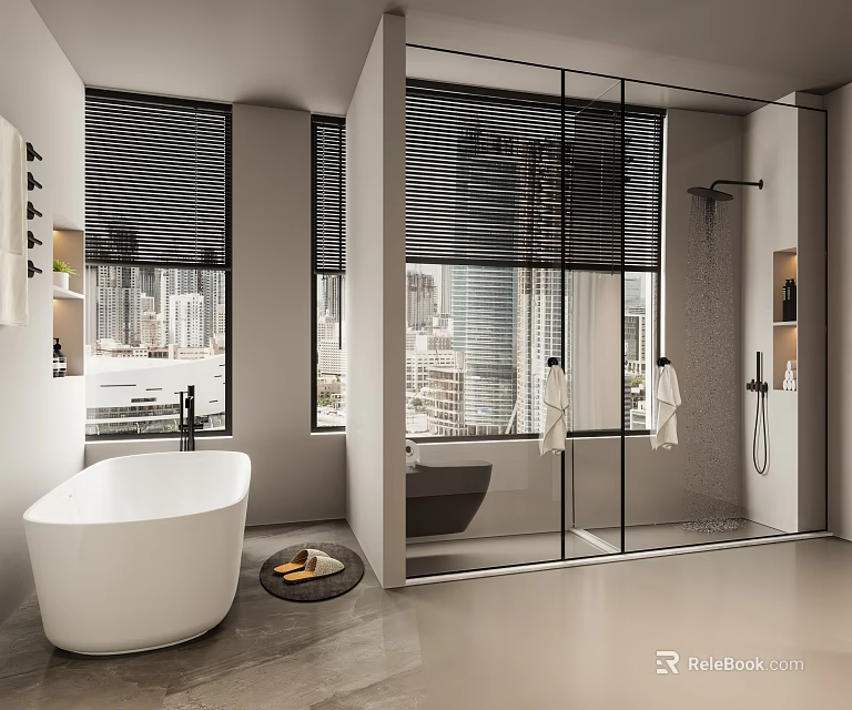 Modern Minimalist Bathroom With Freestanding Bathtub And Glass Shower And Large Panoramic City View Windows 3d model 