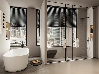 Modern Minimalist Bathroom With Freestanding Bathtub And Glass Shower And Large Panoramic City View Windows 3d model