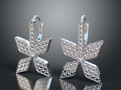 Shiny Snowflake Shaped Silver Diamond Encrusted Earrings For Daily Life Accessories 3d model