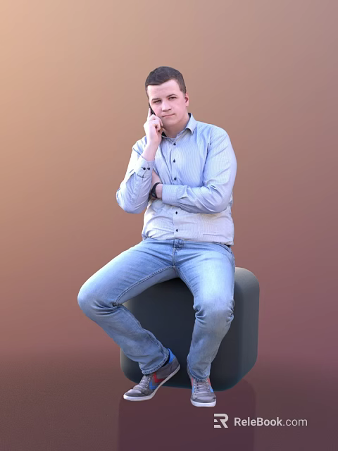 Man In Blue Shirt And Jeans Sitting On Chair With Crossed Arms Hand On Chin 3d model 