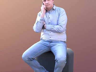 Man In Blue Shirt And Jeans Sitting On Chair With Crossed Arms Hand On Chin 3d model