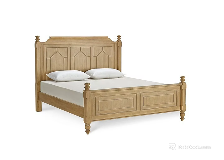 Solid Oak Double Bed With Carved Headboard Decorative Posts And White Mattress 3d model 