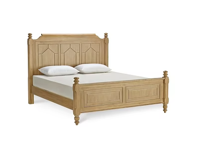 Solid Oak Double Bed With Carved Headboard Decorative Posts And White Mattress 3d model