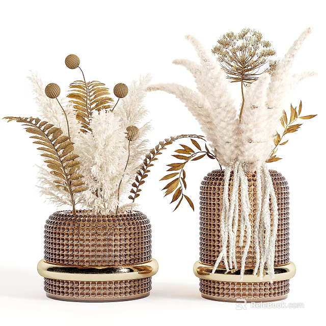 Woven Vases With Gold Accents Holding Dried Feathery Ferns And Spherical Flowers 3d model 