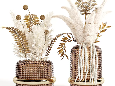 Woven Vases With Gold Accents Holding Dried Feathery Ferns And Spherical Flowers 3d model