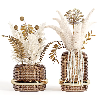 Woven Vases With Gold Accents Holding Dried Feathery Ferns And Spherical Flowers 3d model