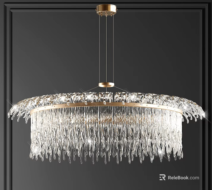 Elegant Modern Crystal Chandelier With Round Gold Frame And Crystal Fringes 3d model 