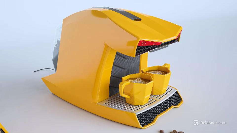 Stylish Yellow Kitchen Coffee Machine Brewing Coffee With Two Cups And Beans 3d model 