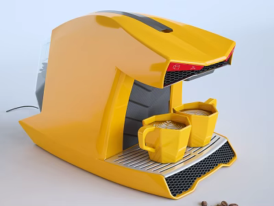 Stylish Yellow Kitchen Coffee Machine Brewing Coffee With Two Cups And Beans 3d model
