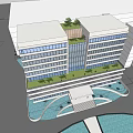 Modern Office Building With Glass Curtain Walls Multiple Floors And Water Pool Reflection