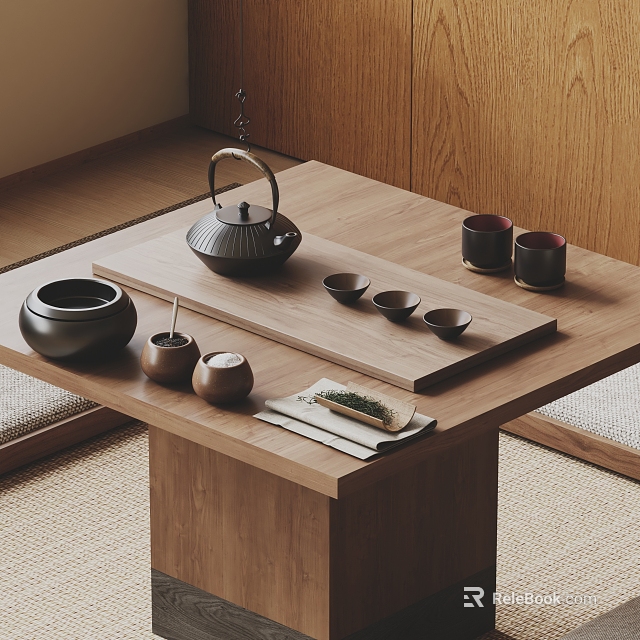 Japanese Traditional Teaset on Wooden Table with Tea Tray and Ceramic Cups 3d model 