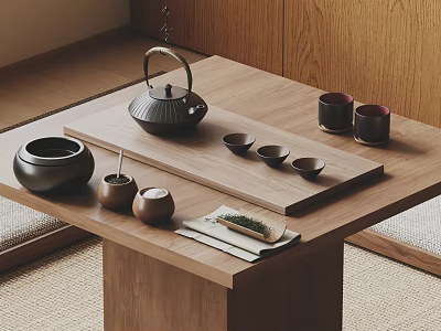 Tatami Tea Table and Chair Sitting Stool Tea Set Carpet 3d model