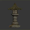Fallen Leaves Surrounding Traditional Stone Lantern With Pagoda Style Roof And Stone Base