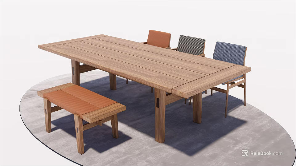 Modern Wooden Dining Table Set With Bench And Three Chairs 3d model