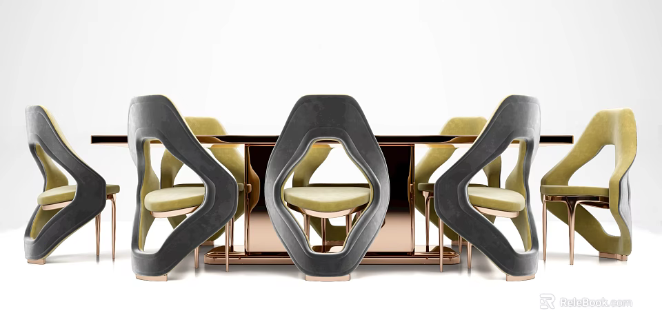 Modern Dining Table Set With Curved Black Chairs Green Cushions And Metallic Frame 3d model 