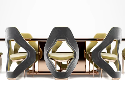 Modern Dining Table Set With Curved Black Chairs Green Cushions And Metallic Frame 3d model