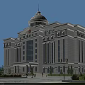 Grand Office Building With White Dome Marble Exterior Large Windows Evening Lighting And Front Plaza