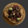 Natural Plant Arrangement With Green Fruits Red Berries Honeycomb Elements On Wooden Base