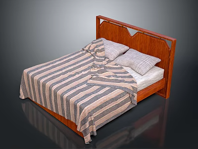 Classic Wooden Bed Frame With Carved Headboard And Striped Blanket With Pillows 3d model