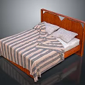 Classic Wooden Bed Frame With Carved Headboard And Striped Blanket With Pillows