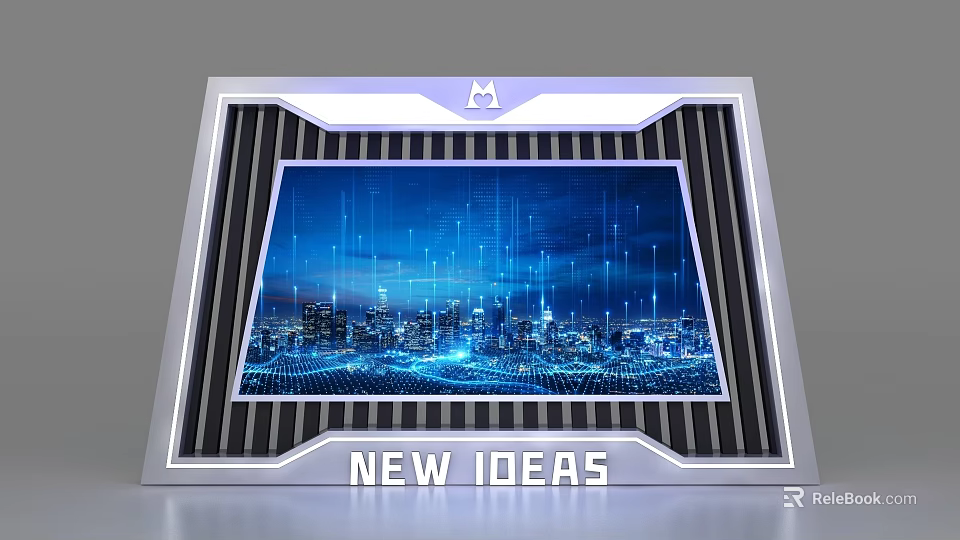 Modern Display Shelf With Silver Frame Large Screen Blue City Nightscape Tech Lines NEW IDEAS 3d model 