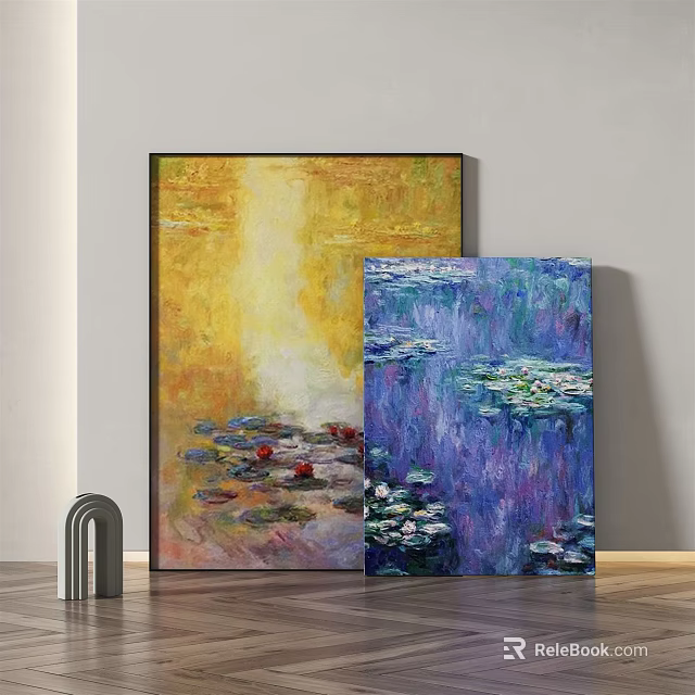 Two Impressionist Water Lily Paintings With Yellow And Blue Tones In Modern Room 3d model 
