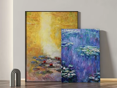 Two Impressionist Water Lily Paintings With Yellow And Blue Tones In Modern Room 3d model
