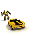 Yellow Chevrolet Camaro Car With Black Stripes And Robot Action Figure