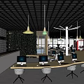 Modern Specialty Store Interior With Hanging Lamps Greenery Wall And Computer Displays