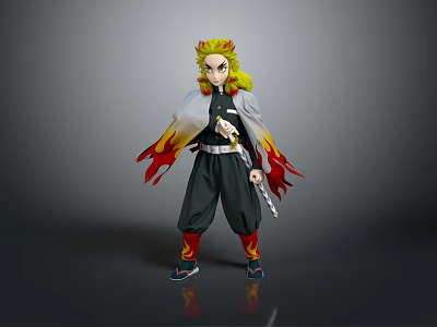 Anime Action Figure With Yellow Hair Flame Decorations And Black Outfit 3d model