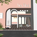 Elegant Ne Dai Storefront with Arched Doorway Golden Rabbit Sculpture and Red White Checkered Floor
