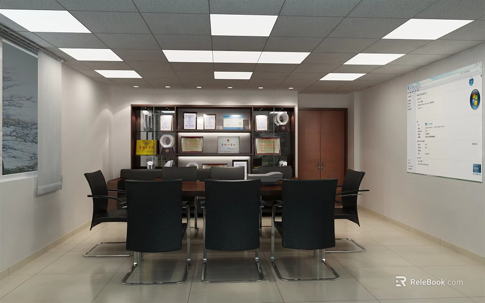 Modern Conference Room Interior With Large Table Black Chairs Shelves And Whiteboard 3d model 