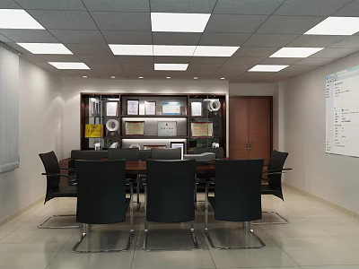 Modern Conference Room Interior With Large Table Black Chairs Shelves And Whiteboard 3d model