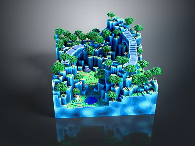 3D Landscape With Blue Block Terrain Green Trees Winding Path And Small Pond 3d model