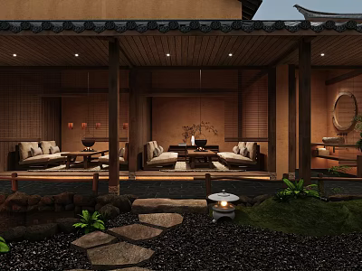 Traditional Japanese Café with Courtyard Wooden Design Stone Path Green Plants Sofas and Serene Atmosphere 3d model