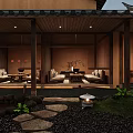 Traditional Japanese Café with Courtyard Wooden Design Stone Path Green Plants Sofas and Serene Atmosphere