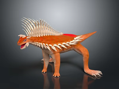 3D Render of Orange Prehistoric Creature with White Spikes Standing Pose Open Mouth 3d model