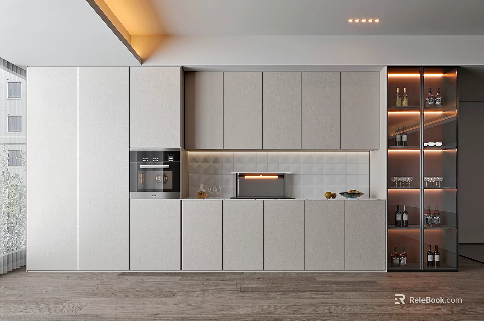 Sleek Modern Built in Wine Cabinet with Glass Doors and LED Lighting in Kitchen Interior 3d model 