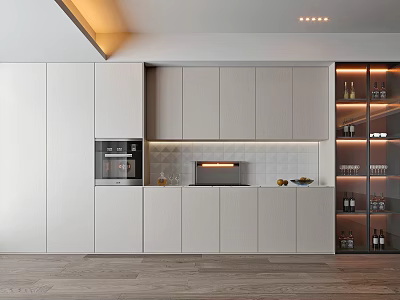 Sleek Modern Built in Wine Cabinet with Glass Doors and LED Lighting in Kitchen Interior 3d model