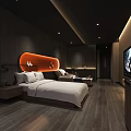 Modern Bedroom Interior With Red Black Walls Abstract Art Wall And Wooden Flooring