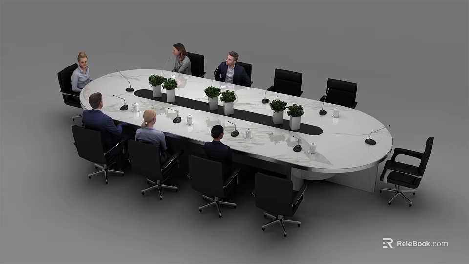 Modern Oval White Conference Table with Black Office Chairs and Green Plants in Meeting Room 3d model 
